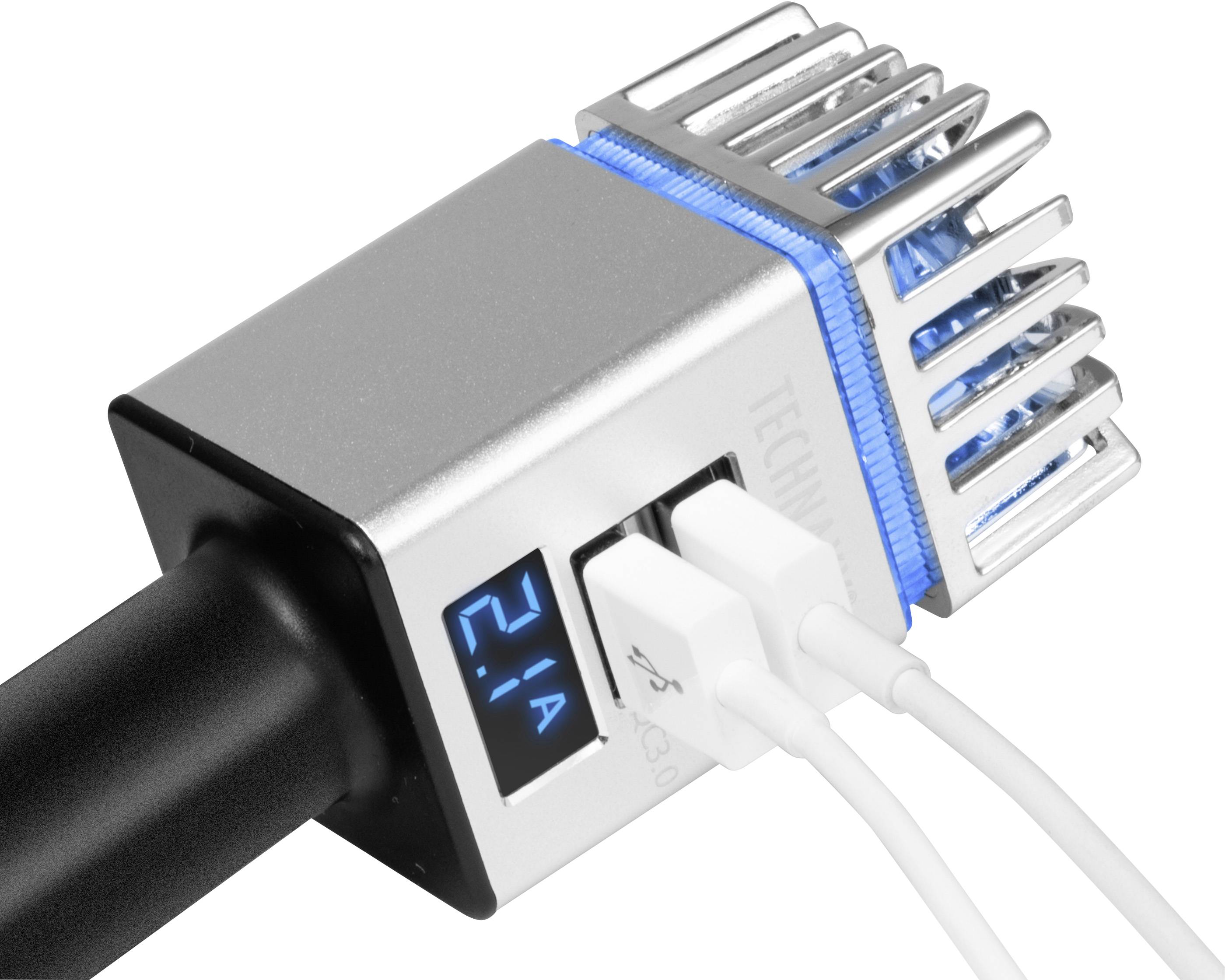 'Technet' USB-oplader met digitaal display, toont 2.1A stroomsterkte, twee aangesloten kabels, zilverkluis met koelribben.