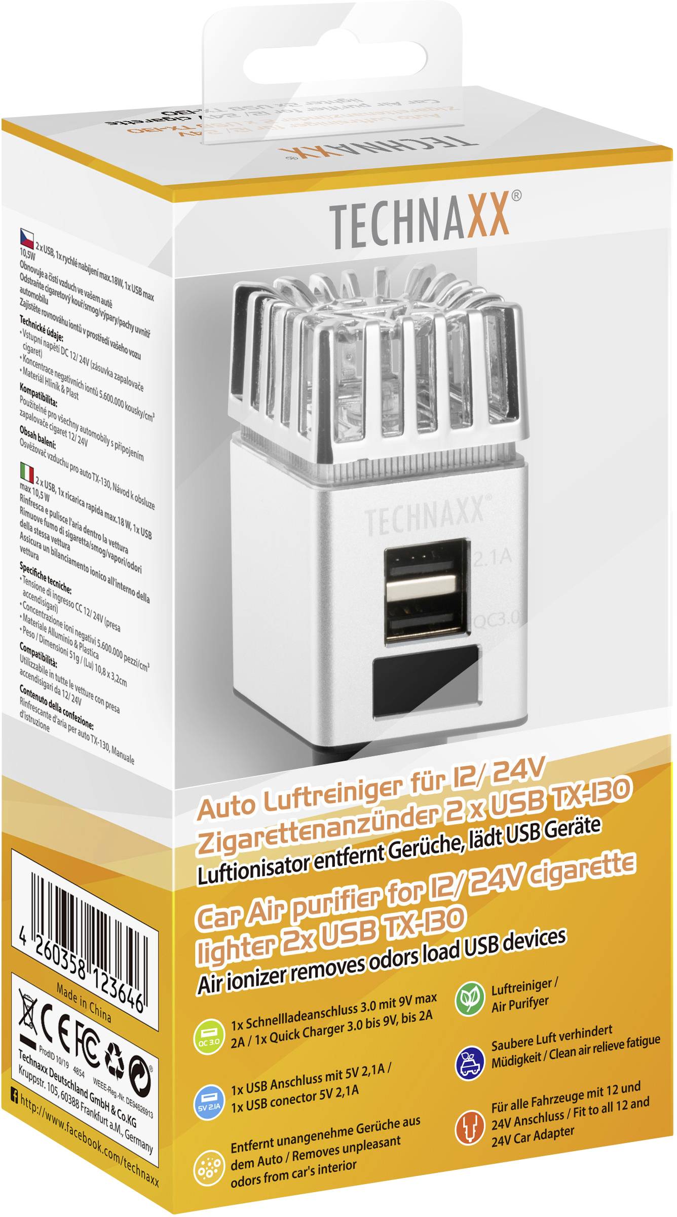 Auto-luchtreiniger voor 12V/24V sigarettenaansteker. Luchtverfrisser verwijdert geuren, laadt USB-apparaten. Bevat twee USB-poorten.