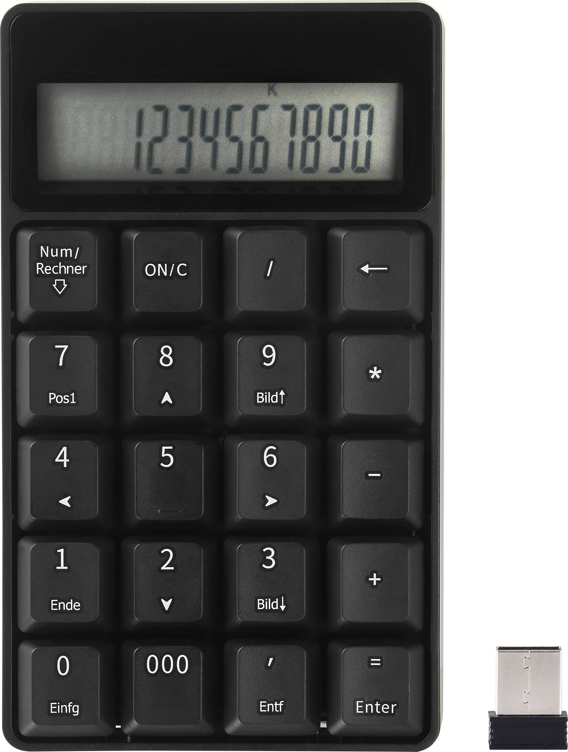 Zwarte numerieke rekenmachine met USB-ontvanger. Toont getallen van 0 tot 9 op het display.