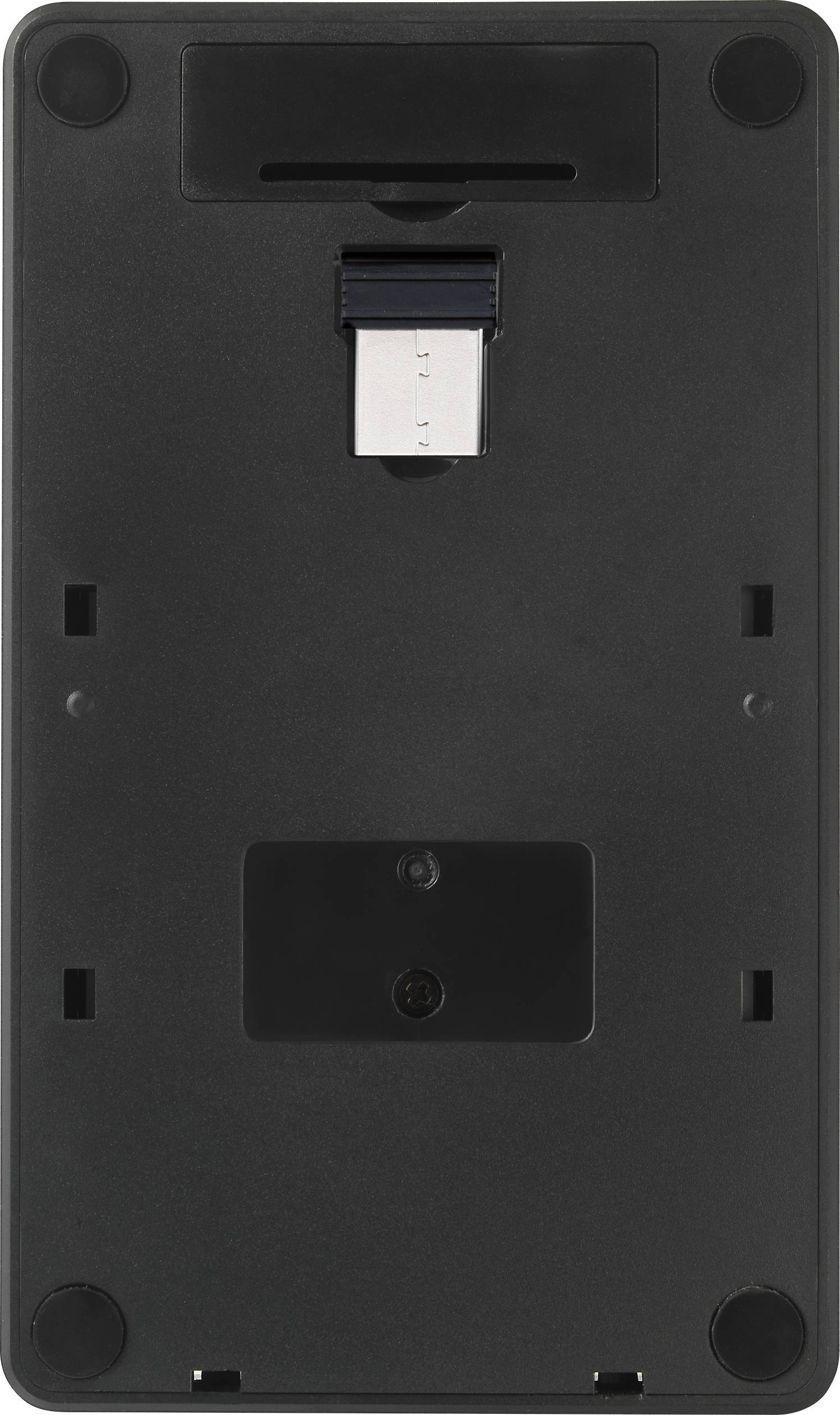 Achterkant van een zwart elektronisch apparaat met een sleuf voor een uitneembare USB-A-oplader.