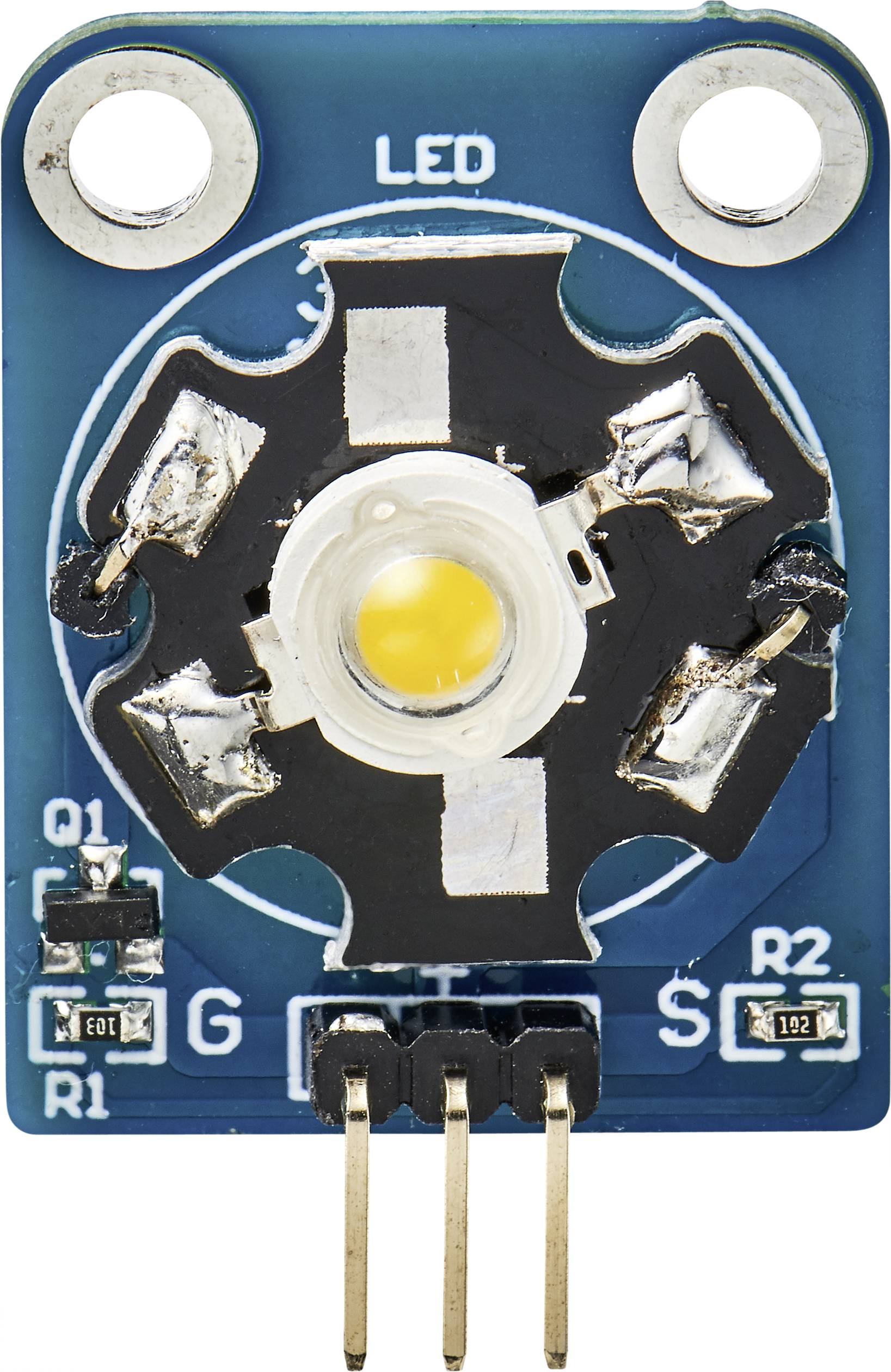Een blauw LED-module met drie aansluitpinnen, centraal LED-licht en zichtbare schakelingen.