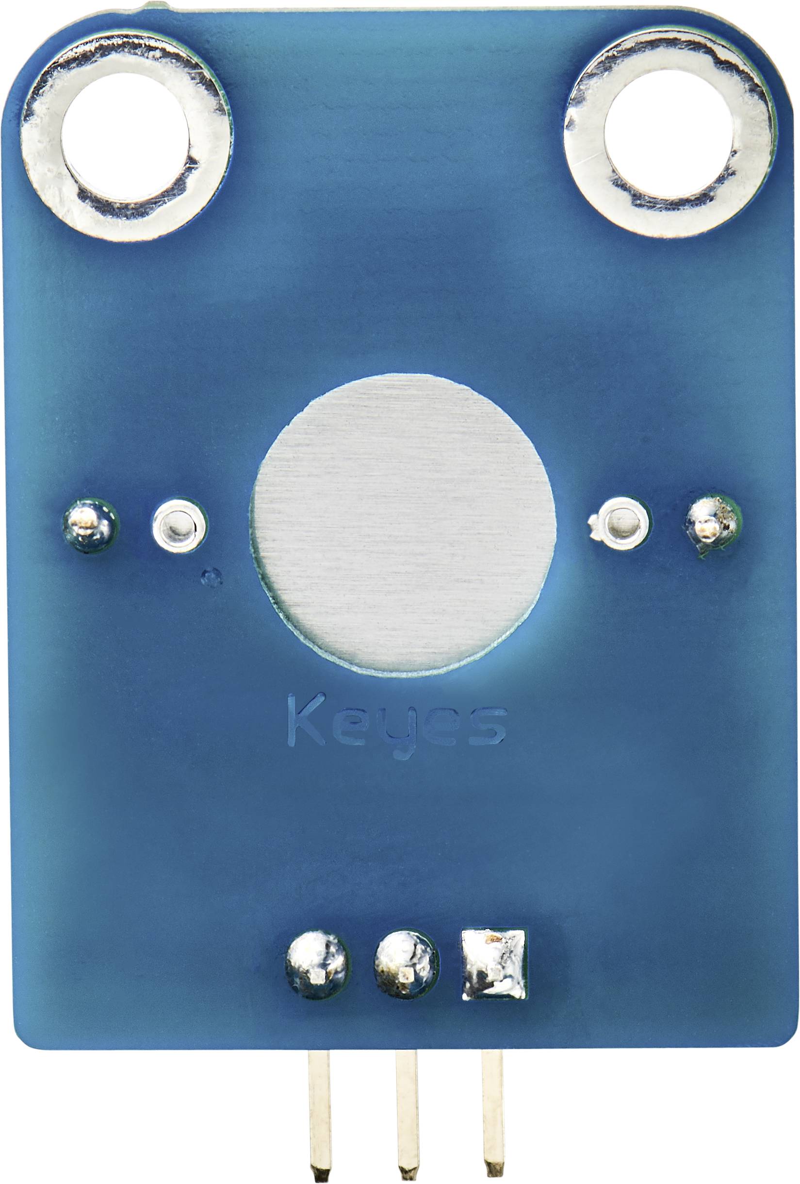 Blauw elektronisch module met drie pinnen onderaan, twee gaten bovenaan en een cirkelvormige metalen contactpunt in het midden.