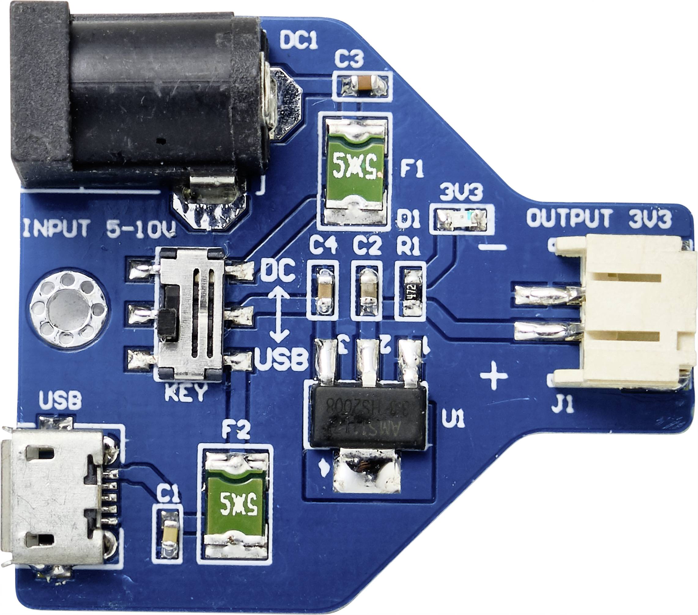 Een blauwe elektronische printplaat met meerdere witte aansluitingen, een zwarte schakelaar en groene componenten. Tekst 'INPUT 5-10V', 'OUTPUT 3V3'.