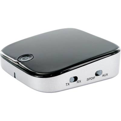 Een compacte, zwarte Bluetooth-adapter met knoppen voor TX, RX, SPDIF en AUX, evenals een aan/uit-knop aan de bovenkant.
