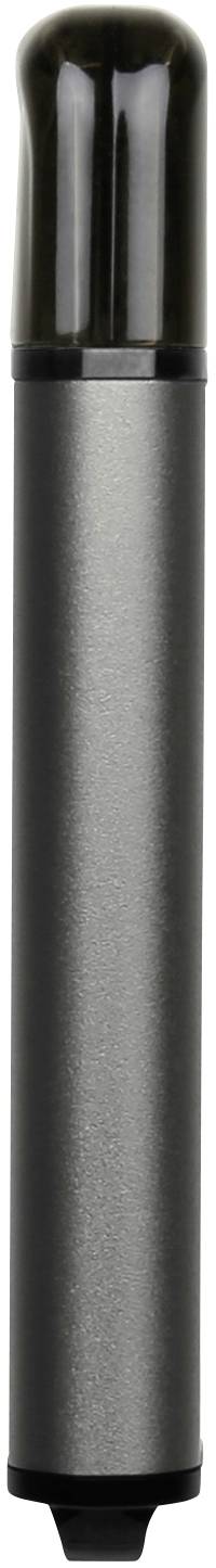Een metalen cilindrische container met een zwarte deksel, mogelijk een pen of een vergelijkbaar schrijfgereedschap.