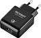 Zwarte USB-wandlader met twee ronde pinnen, gelabeld als 'Voltcraft QCP-3000'. Voorzien van een bliksemschicht-symbool, wat wijst op Quick Charge-functionaliteit.