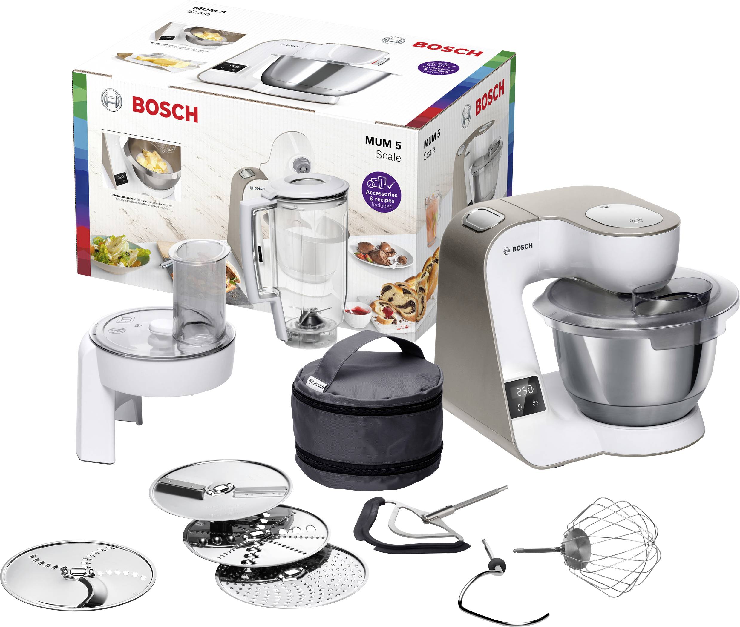 Keukenmachine met toebehoren zoals kommen, garden en mixer. Verpakking toont merknaam en gebruiksvoorbeelden.