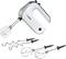 Handmixer met twee garden en twee deeghaken. Merknaam 'Bosch' op het apparaat. Geschikt voor het mengen en kneden van deeg.