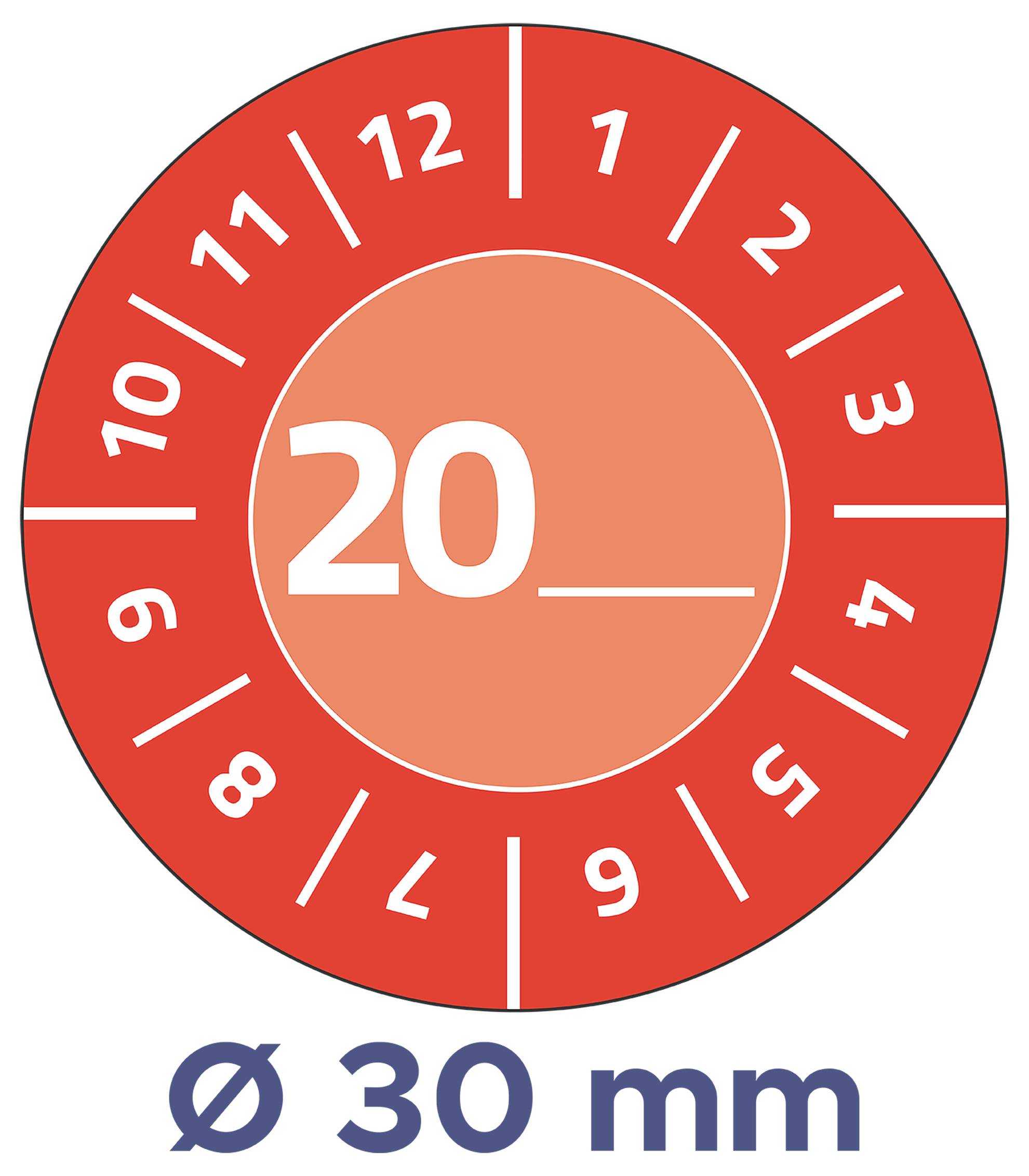 Grafische weergave van een schroefgrootte: '20' met diameter 'Ø 30 mm' op rode ronde schaal.