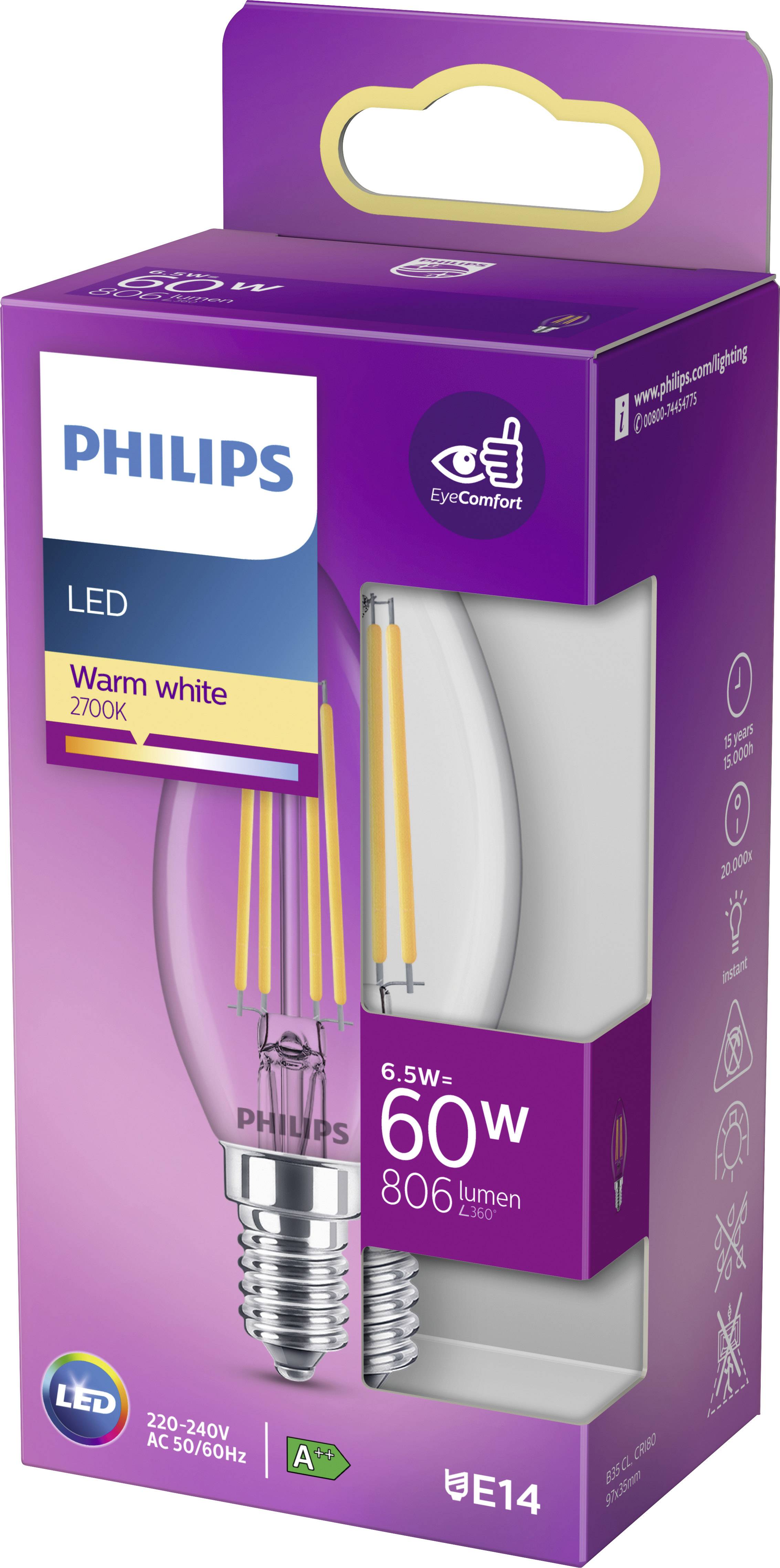Verpakking van een Philips LED-lamp, 6,5W equivalent aan 60W, warmwit met 2700K, E14-fitting, 806 lumen, energieklasse A+.