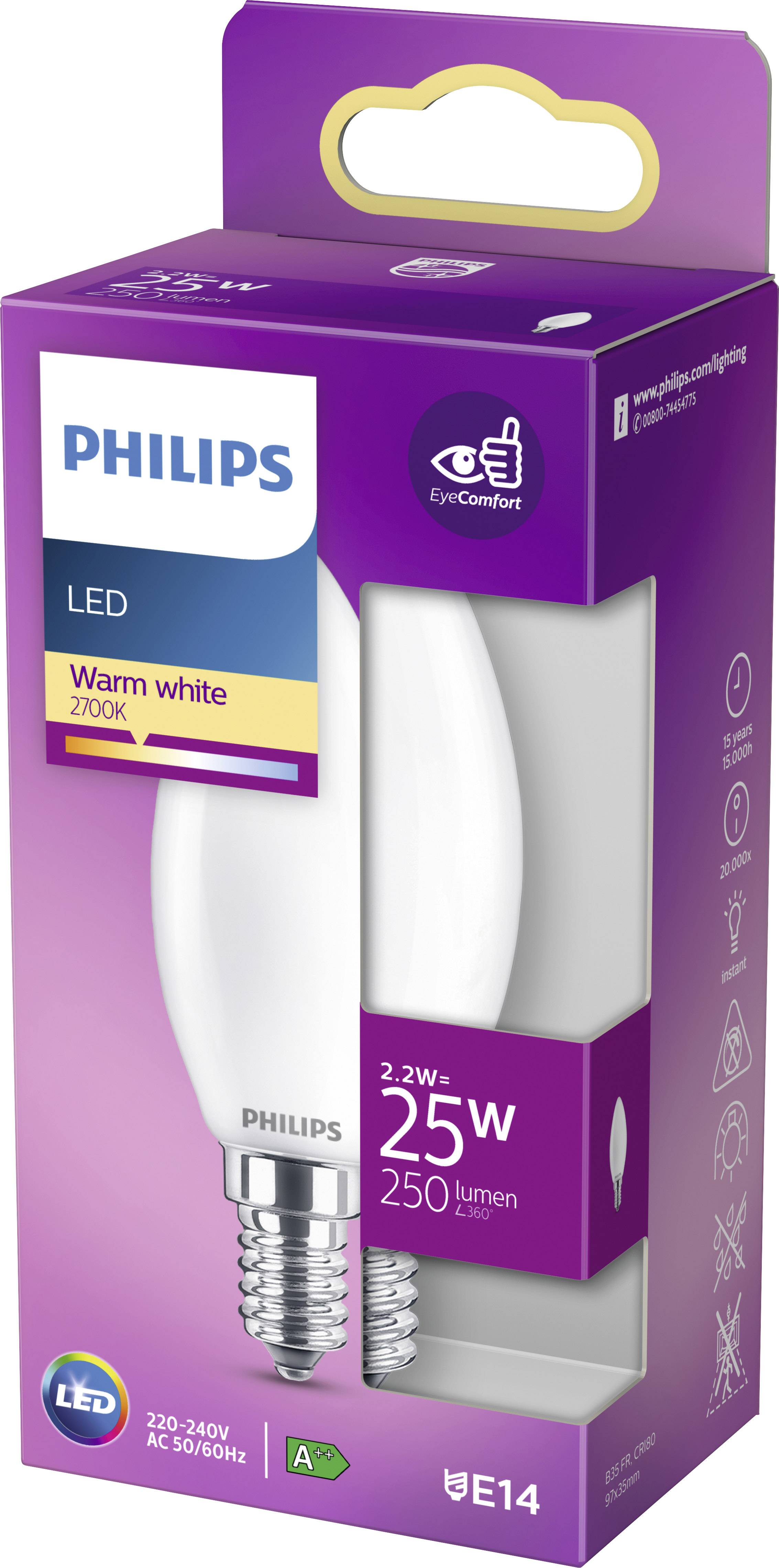 'Philips LED-lamp, 2,2W (vervangt 25W), 250 Lumen, warmwit 2700K, Energieklasse A+, E14 fitting, Oogvriendelijk' in paarse verpakking.