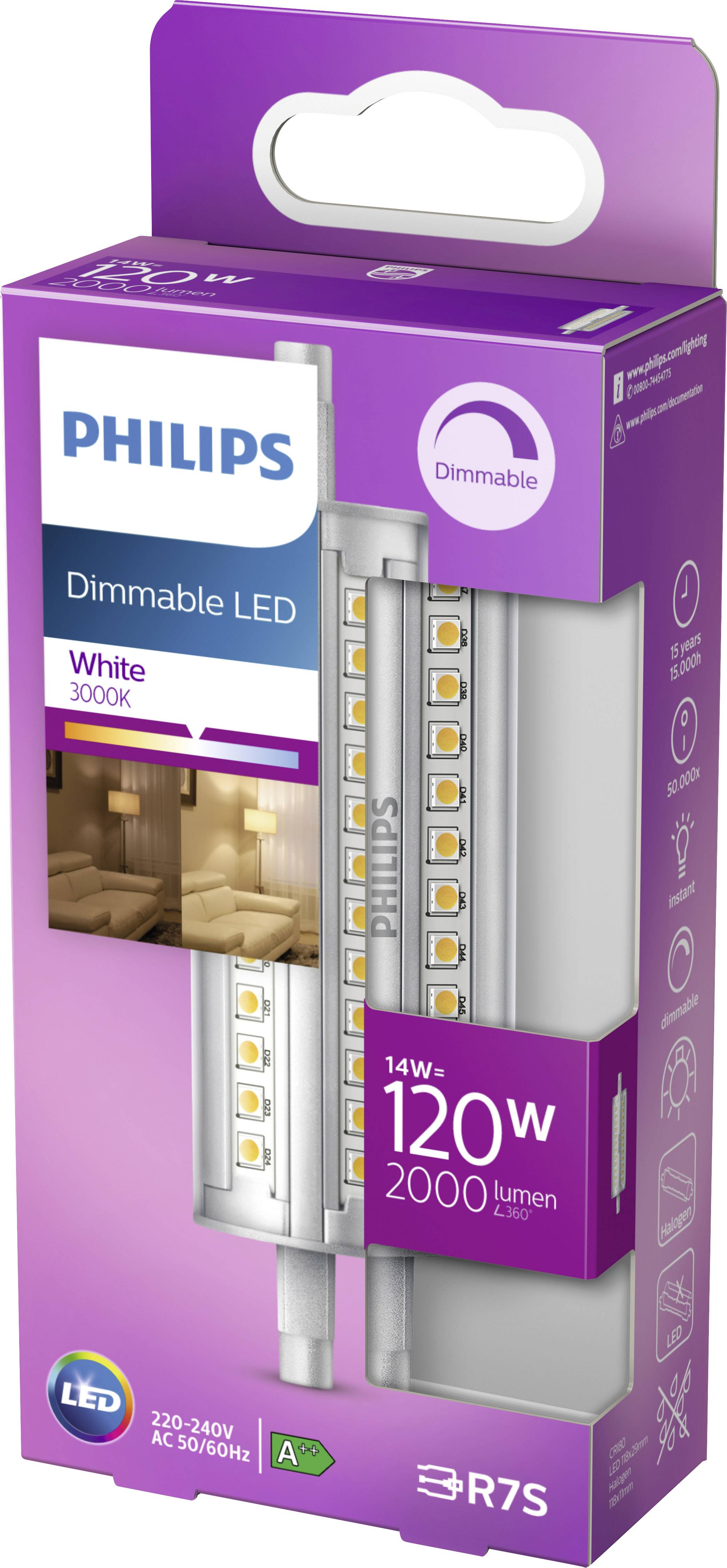 Philips dimbare LED-lamp, warmwit 3000K, 14W, equivalent aan 120W, 2000 lumen. Verpakking toont toepassing in woonomgevingen.