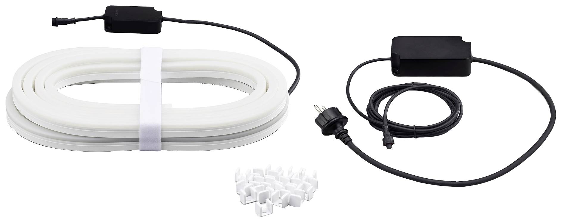 Witte LED-lichtbalk met stopcontact, zwarte adapter en clips op witte achtergrond, geschikt voor binnenverlichting.
