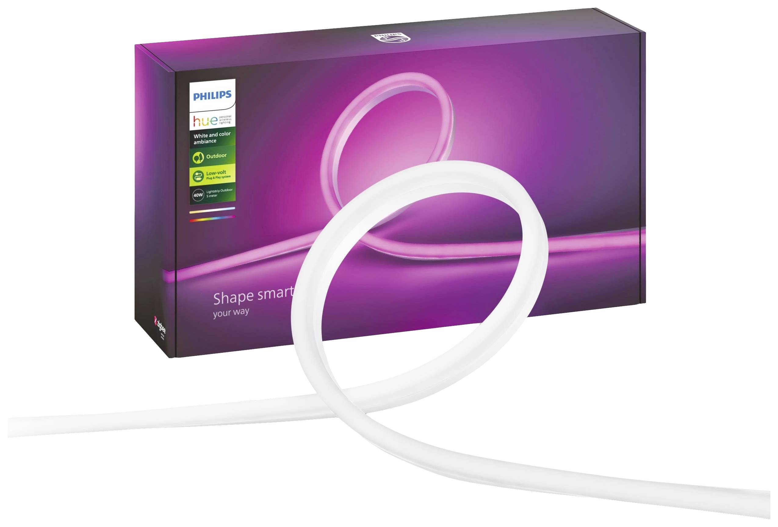 Productverpakking van een LED-lichtstrip van Philips Hue. De verpakking toont de lichtstrip in een gebogen vorm op een roze achtergrond.
