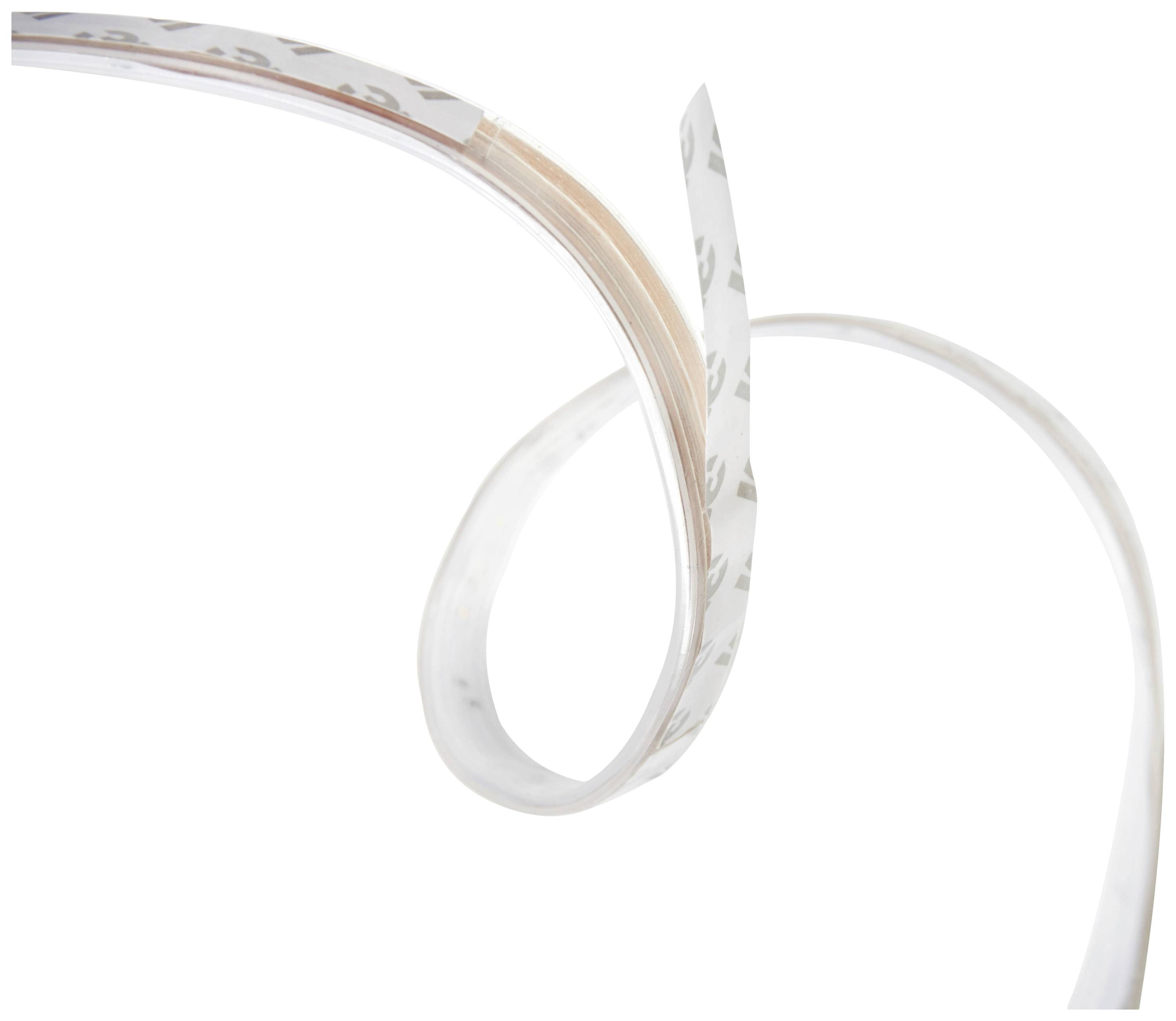 Een flexibel, wit LED-lichtband met koperkleurige contacten kronkelt in een spiraalvormige configuratie tegen een witte achtergrond.