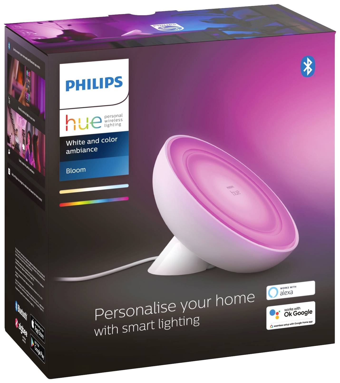 'Philips Hue Bloom' Lamp in roze licht, verpakt. Tekst: 'Personaliseer uw thuisomgeving met slimme verlichting'. Compatibel met Alexa en Google Assistant.