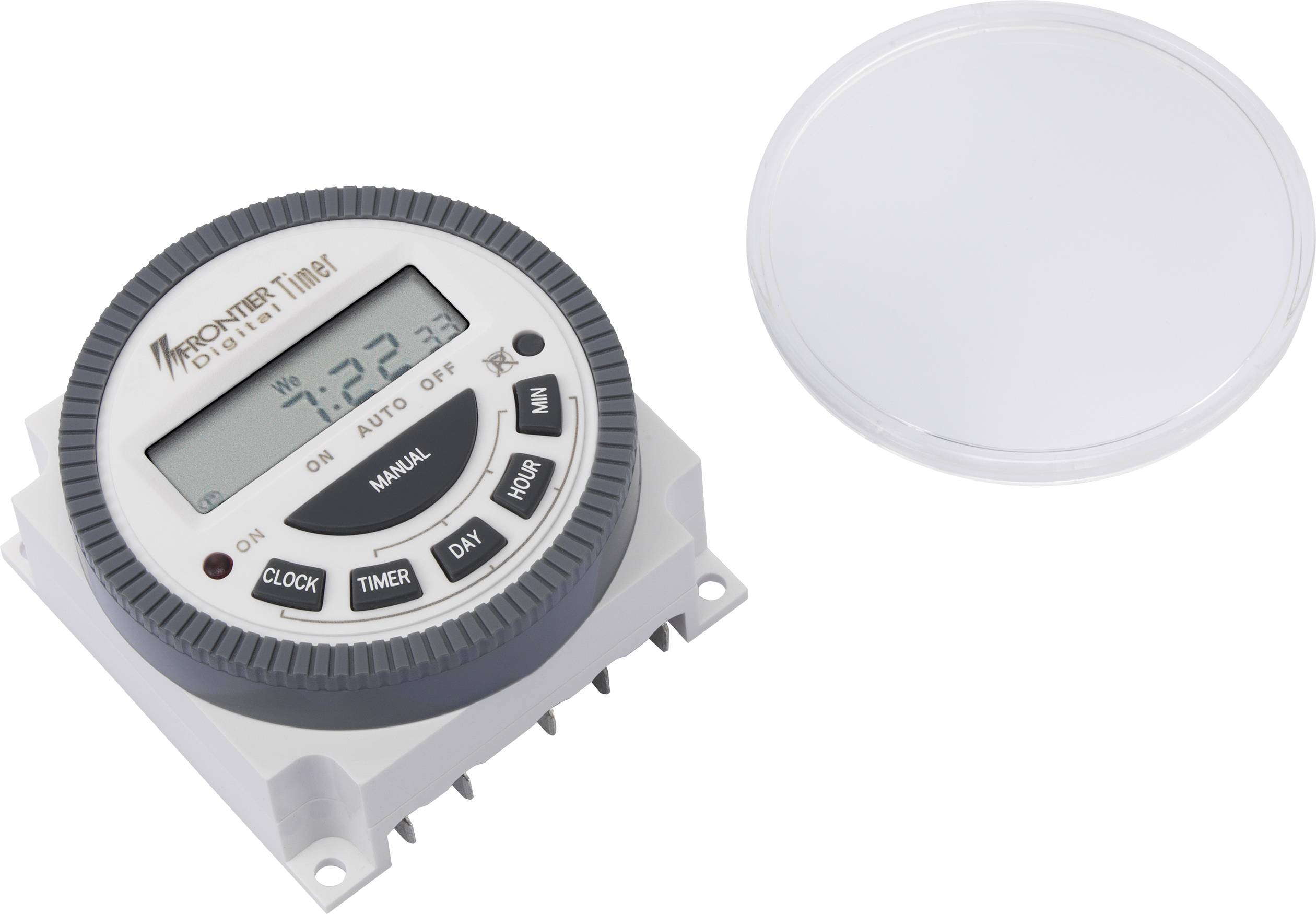 Een digitale klok met LCD-display toont de tijd '7:23'. Omringd door knoppen voor het instellen van de tijd en timer.