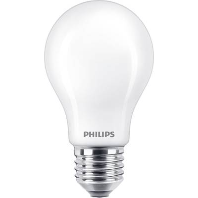 Een gloeilamp met schroefaansluiting, gemerkt met 'Philips', voor een witte achtergrond.