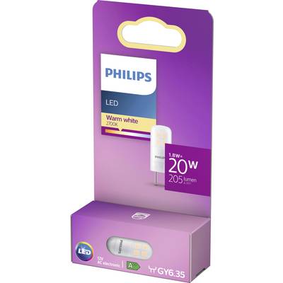 Verpakking van een Philips LED-lamp in warmwit met 1,8W vermogen, equivalent aan 20W en 205 lumen. Geschikt voor 12V AC-systemen.