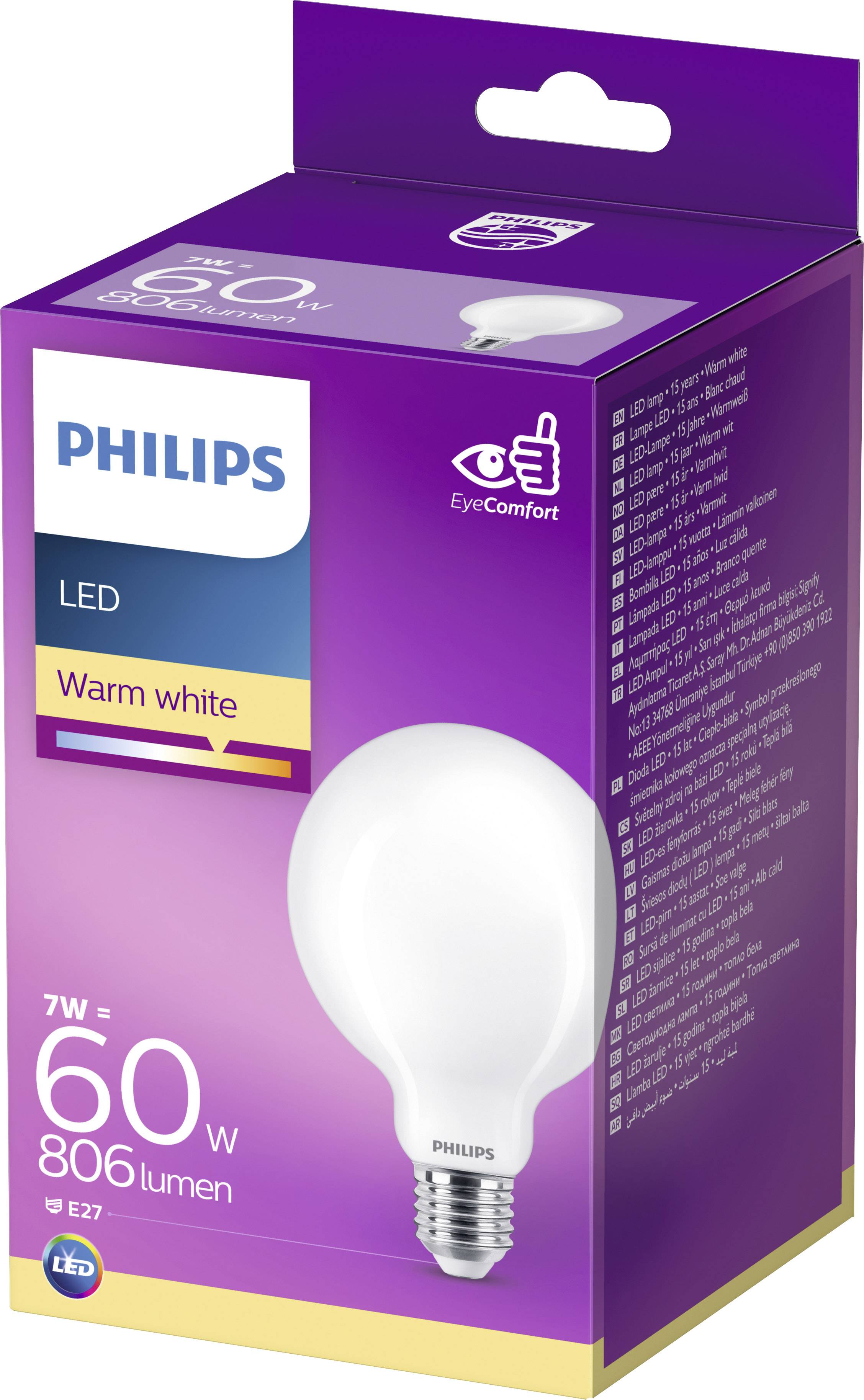 'Philips LED 7W, Warm Wit, 806 Lumen' Gloeilampverpakking met E27-fitting, toont EyeComfort-logo en afbeelding van de gloeilamp.