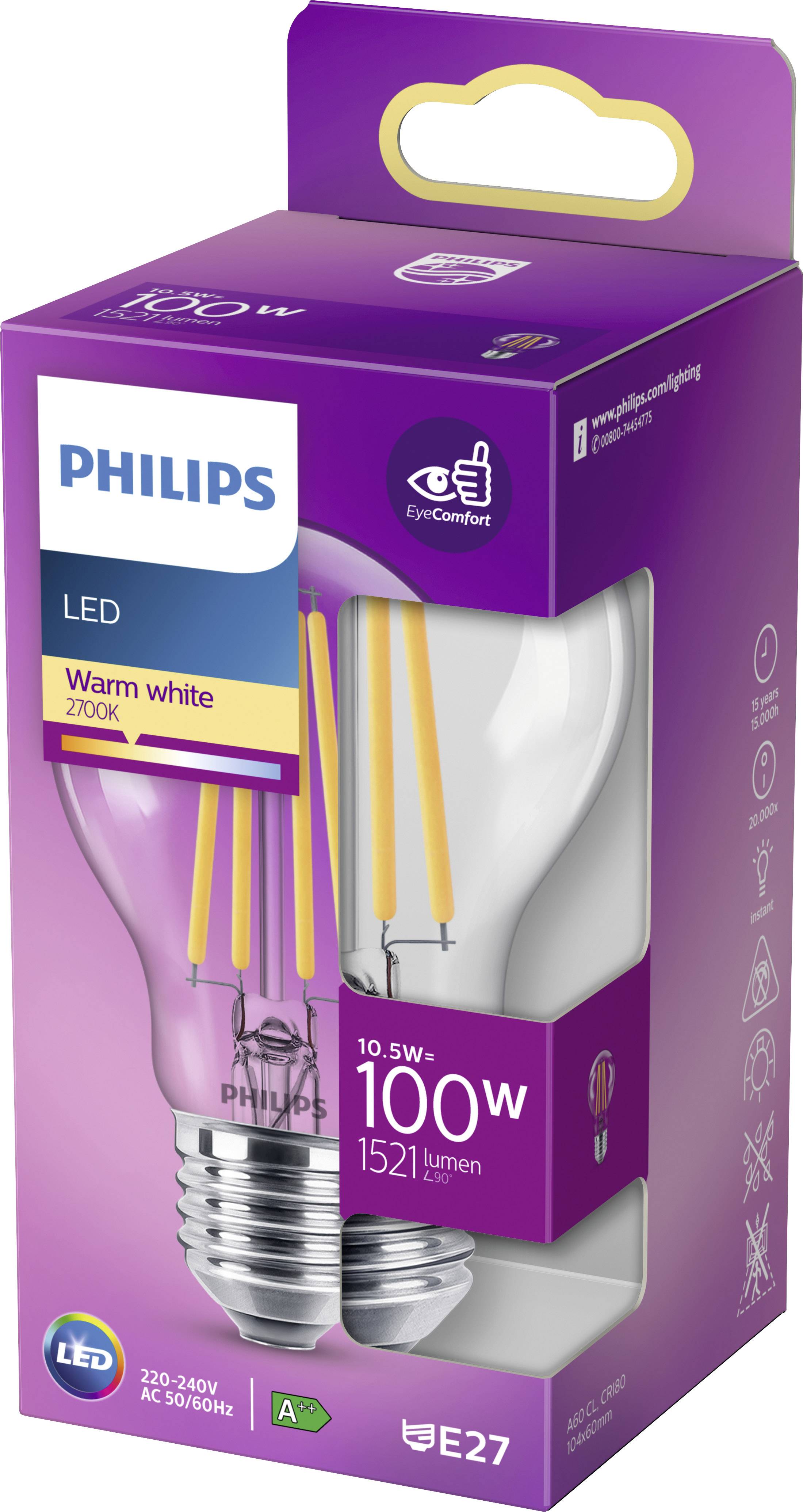 Verpakking met een Philips LED-lamp, warmwit, 10,5W, equivalent aan 100W, 1521 lumen, E27-fitting. Energiezuinigheid A+.