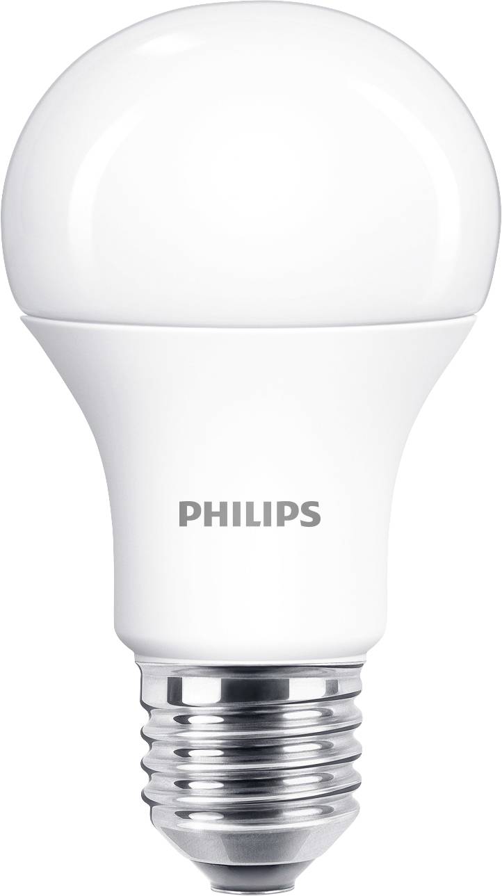 Een witte LED-gloeilamp met schroefaansluiting, gemerkt met 'Philips'.