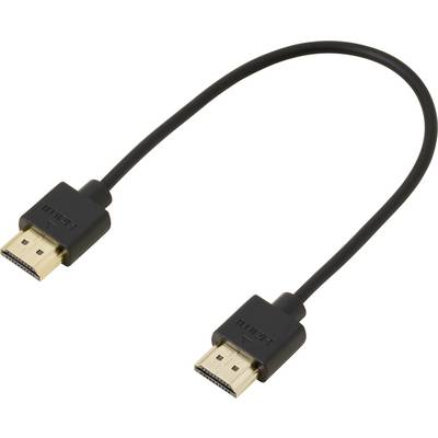 'Zwarte HDMI-kabel met twee aansluitingen aan elk uiteinde, gebruikt voor het overdragen van audio- en videosignalen tussen apparaten.'