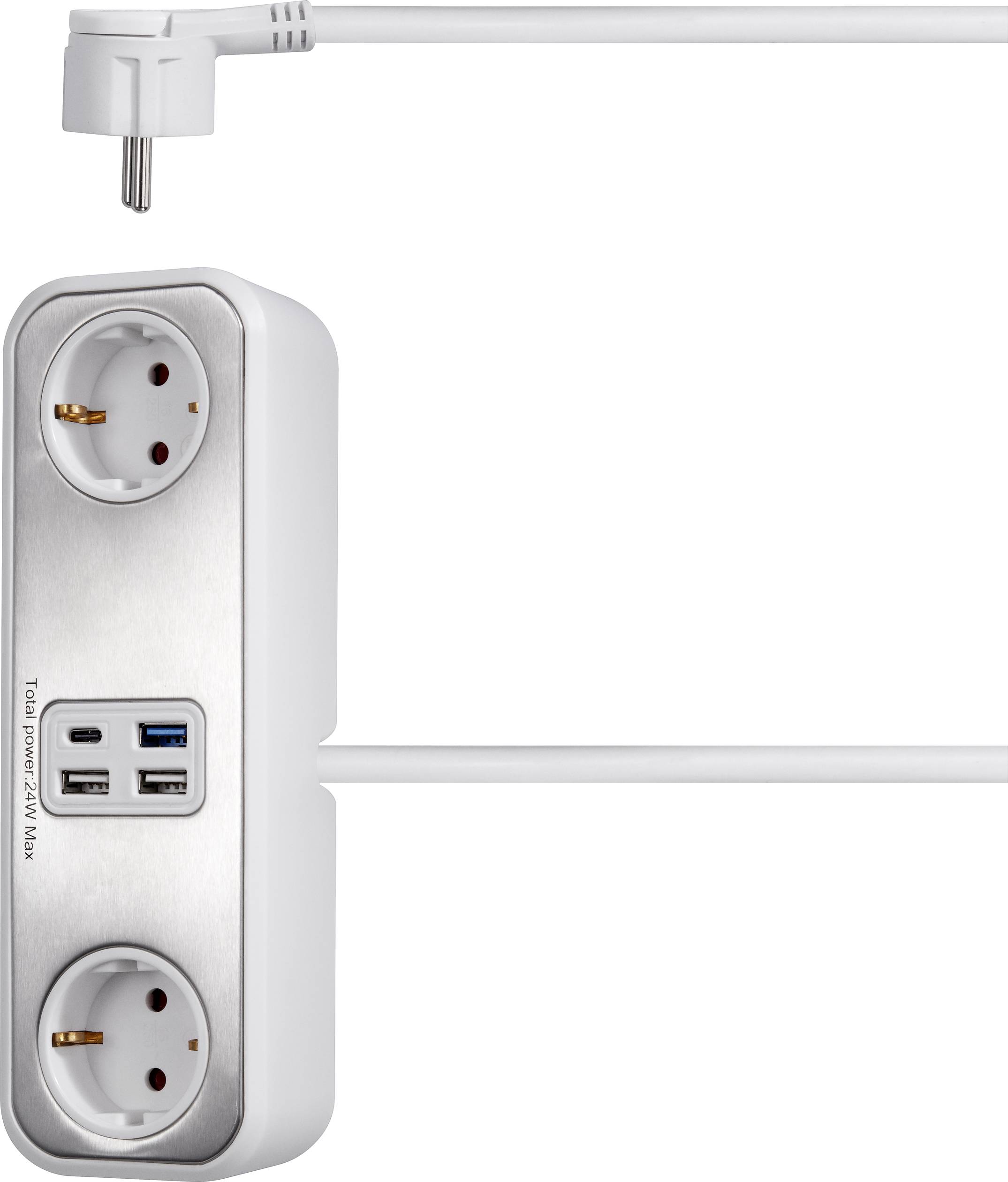 'Drievoudige stekkerdoos met twee USB-poorten, wit en zilver, met haakse stekker. Kabel loopt parallel aan de stekkerdozenstrip.'