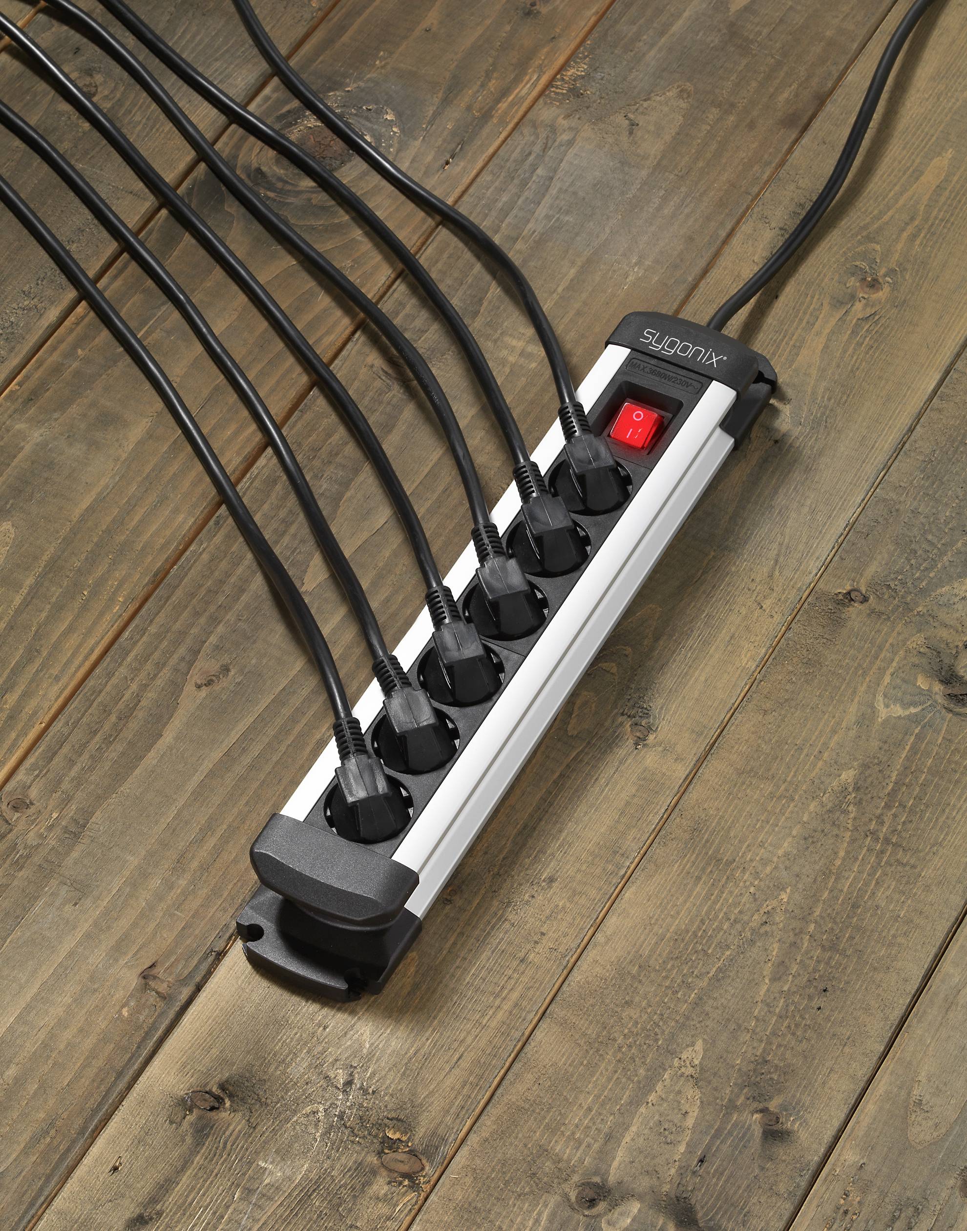 Sygonix SY-4538260 Stekkerdoos met schakelaar 6-voudig Zwart, Zilver Randaarde stekker 1 stuk(s)-3