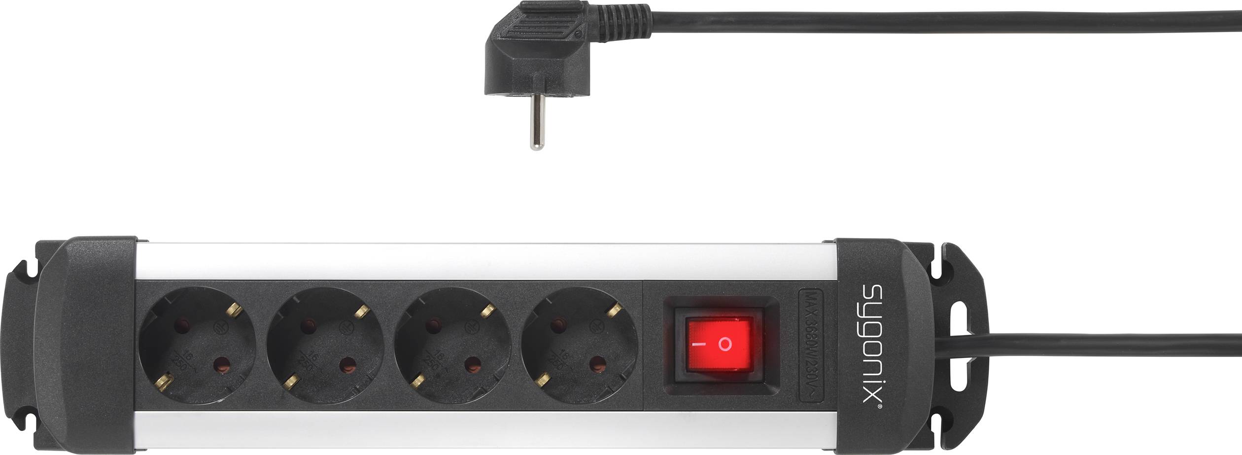 Stekkerdoos met vijf aansluitingen, netschakelaar en stroomkabel, geschikt voor Europese stekkers.