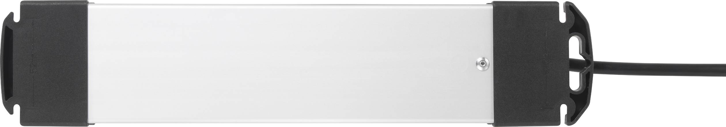 Een zilveren rechthoekige doos met zwarte eindkappen en een uitstekende kabel aan de rechterkant.