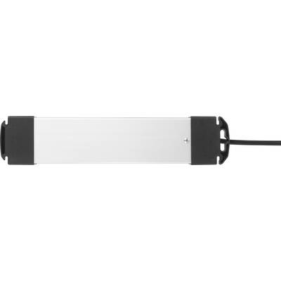 Een zilveren rechthoekige doos met zwarte eindkappen en een uitstekende kabel aan de rechterkant.