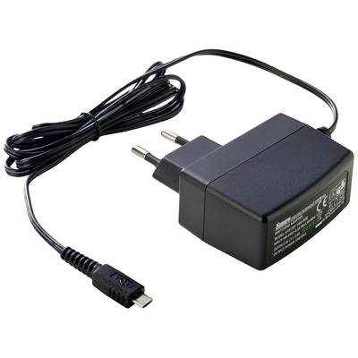 Zwart voedingsadapter met Eurostekker en micro-USB-aansluiting, geschikt voor het opladen van apparaten zoals smartphones of tablets.