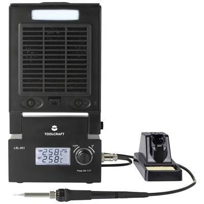 'Elektronische soldeerbasis met digitale temperatuurweergave; toont actuele en ingestelde temperaturen, inclusief soldeerbout en standaard.'
