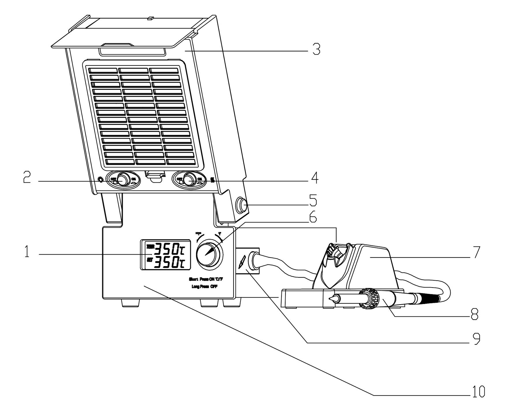 Een technische tekening van een verwarmingstoestel met gelabelde onderdelen: inclusief een display, temperatuurregelknop, gastoevoer en aansluitkabel.
