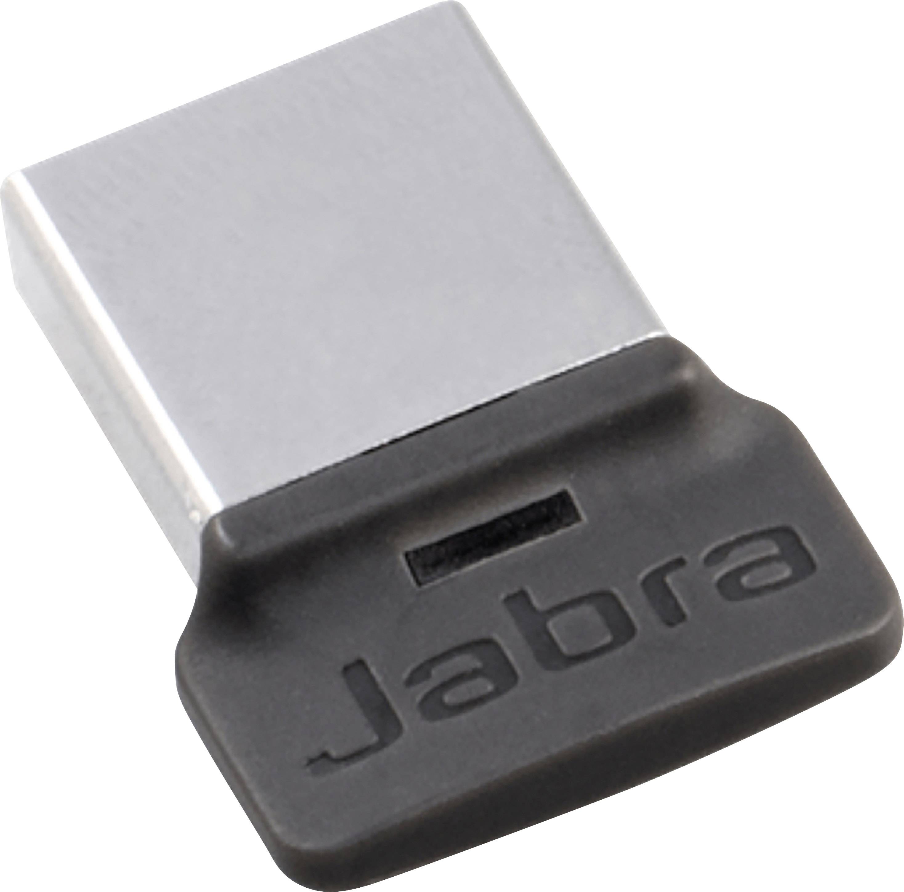 USB-dongle met zwarte kunststof behuizing en 'Jabra'-logo. Verbindt draadloze audioapparatuur met computers.