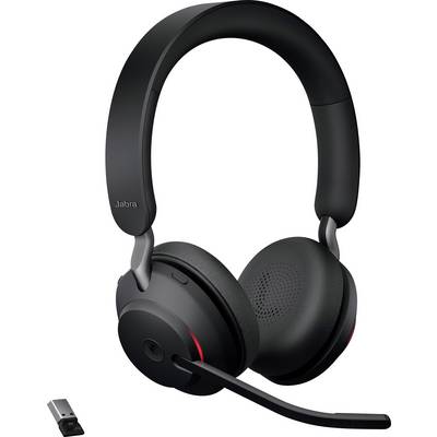 Draadloze zwarte headset met microfoonarm en USB-ontvanger, geschikt voor gesprekken en muziek.