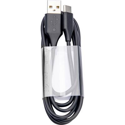 Zwart USB-kabel met USB-A- en USB-C-aansluitingen, gedeeltelijk omhuld door een transparante plastic folie.