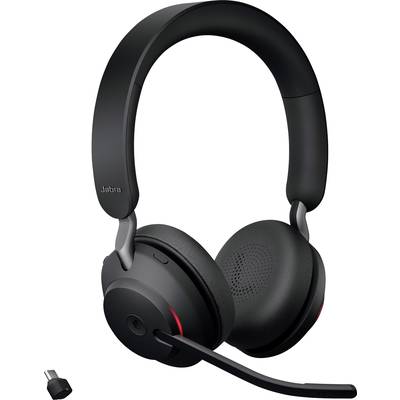 Zwart over-ear headset met microfoonarm en USB-dongle, geschikt voor draadloze communicatie en telefoongesprekken.