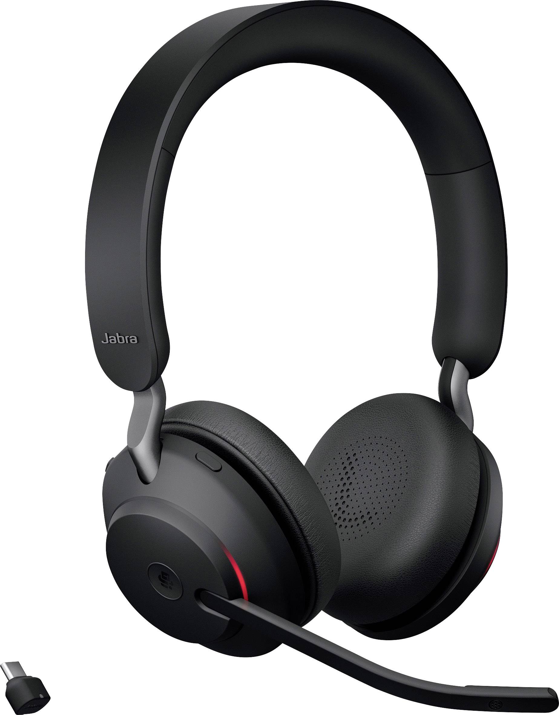 Zwart headset met grote microfoonarm en USB-aansluitadapter. Merknaam 'Jabra' aan de zijkant. Geschikt voor professioneel gebruik.