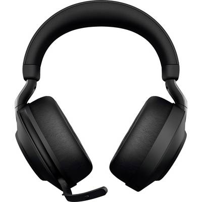 Zwarte over-ear koptelefoon met geïntegreerde microfoon aan de linkerkant, voor een witte achtergrond.
