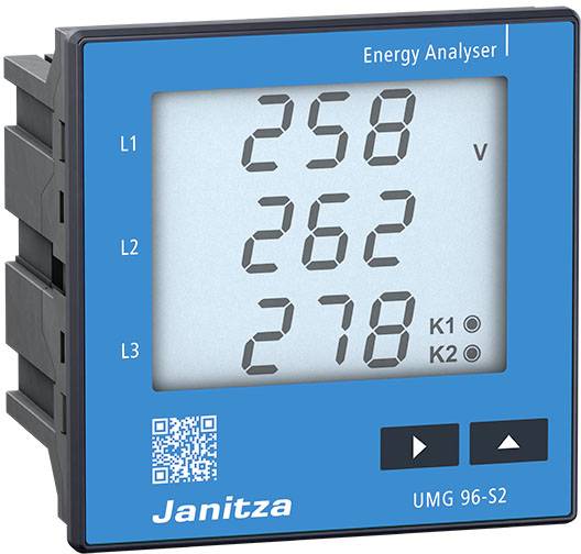 Een blauwe energieanalyser met digitale weergave toont spanningen L1: 258 V, L2: 262 V, L3: 278 V. Onderaan rechts knoppen.
