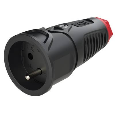 Een zwarte stekker met een rode punt en een gegroefde handgreep, geschikt voor industriële elektrische toepassingen.