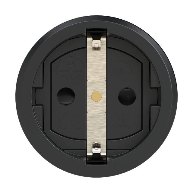 Ronde, zwarte stopcontactafdekking met metalen strip in het midden; geschikt voor 16A en 250V. Markeringen voor CE-certificering zichtbaar.