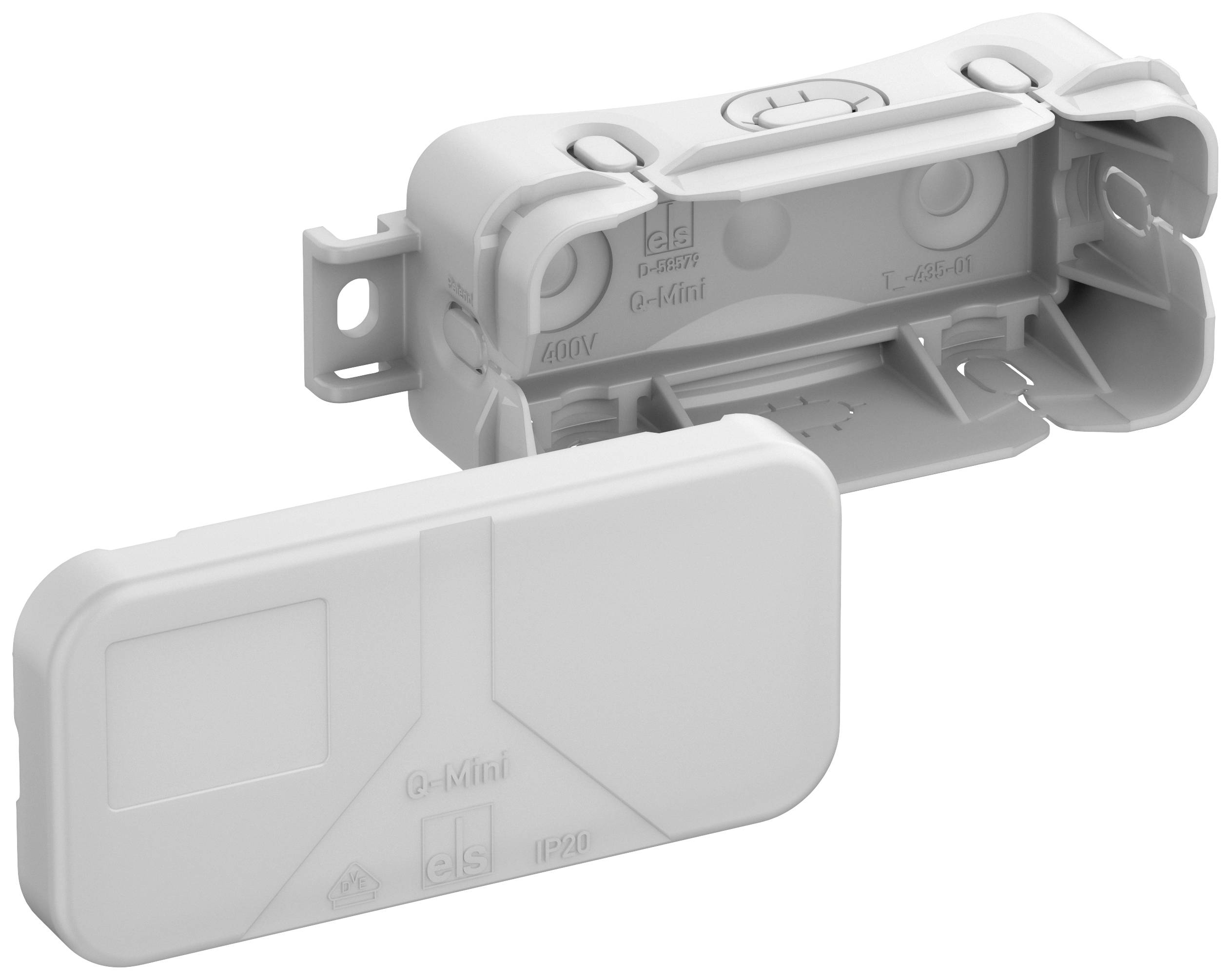 Grijs-witte kunststof aftakdoos met verwijderbaar deksel, U-vormige constructie, geschikt voor wandmontage, voorzien van opschrift 'G-Mini' en technische specificaties op het oppervlak.