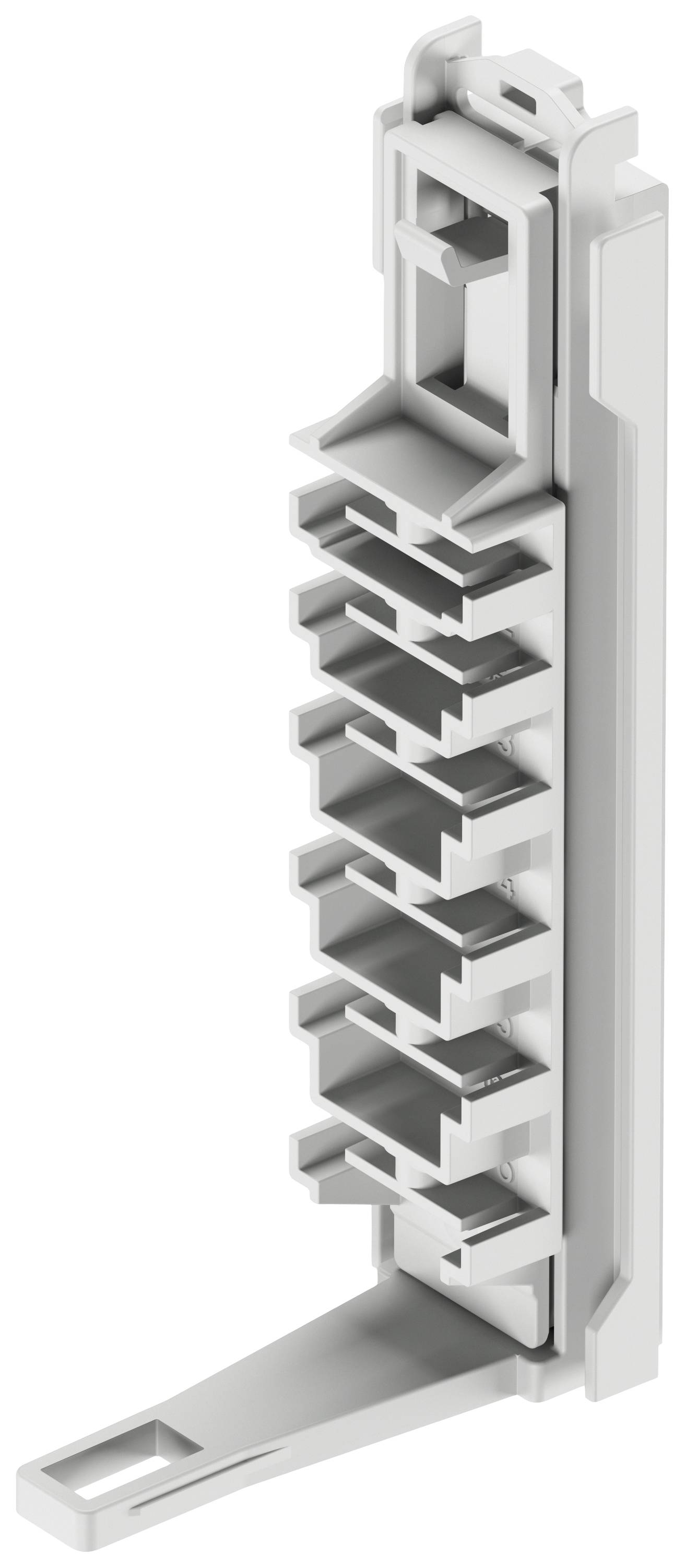 Meerlaagse connecterhouder van grijs kunststof, verticaal geplaatst, voor elektrische of industriële toepassingen.