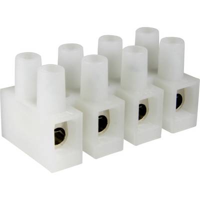 Witte elektrische kroonsteen met vier aansluitklemmen in twee rijen. Geschikt voor het verbinden van kabels in elektrische installaties.