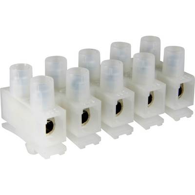 Een witte elektrische aansluitklem met zes aansluitpunten, geschikt voor het verbinden van draden in elektronische schakelingen.
