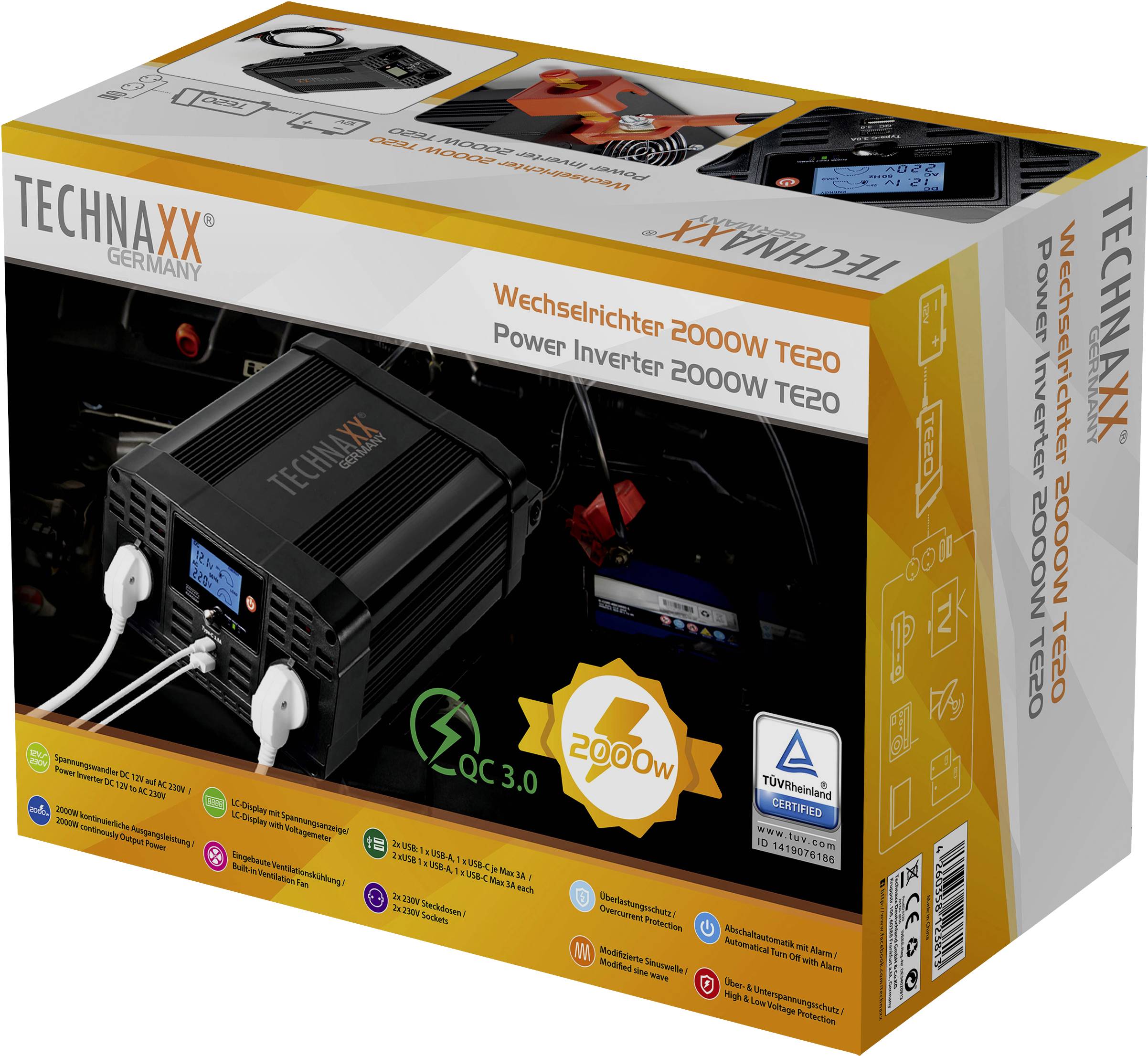 'TECHNAXX Germany' productverpakking van een 2000W omvormer, toont het apparaat met stopcontactaansluitingen en onderscheidende kenmerken zoals QC 3.0 en TÜV-certificering.