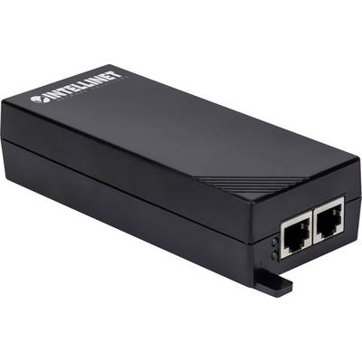 Zwarte netwerk-PoE-injector met twee Ethernet-poorten en merklabel op de bovenzijde. Apparaat voor stroomvoorziening via Ethernet.